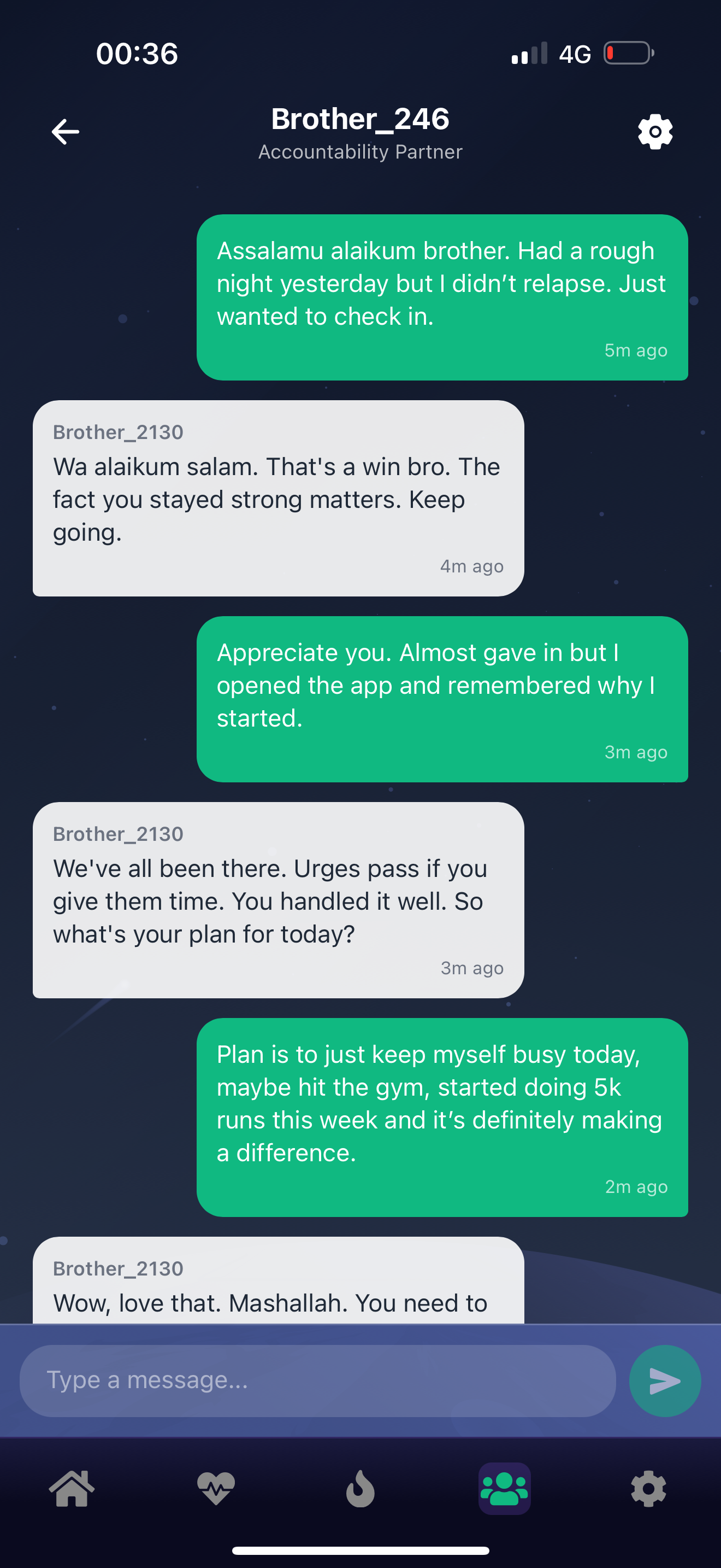 PrayBack accountability partner chat showing supportive conversation between brothers