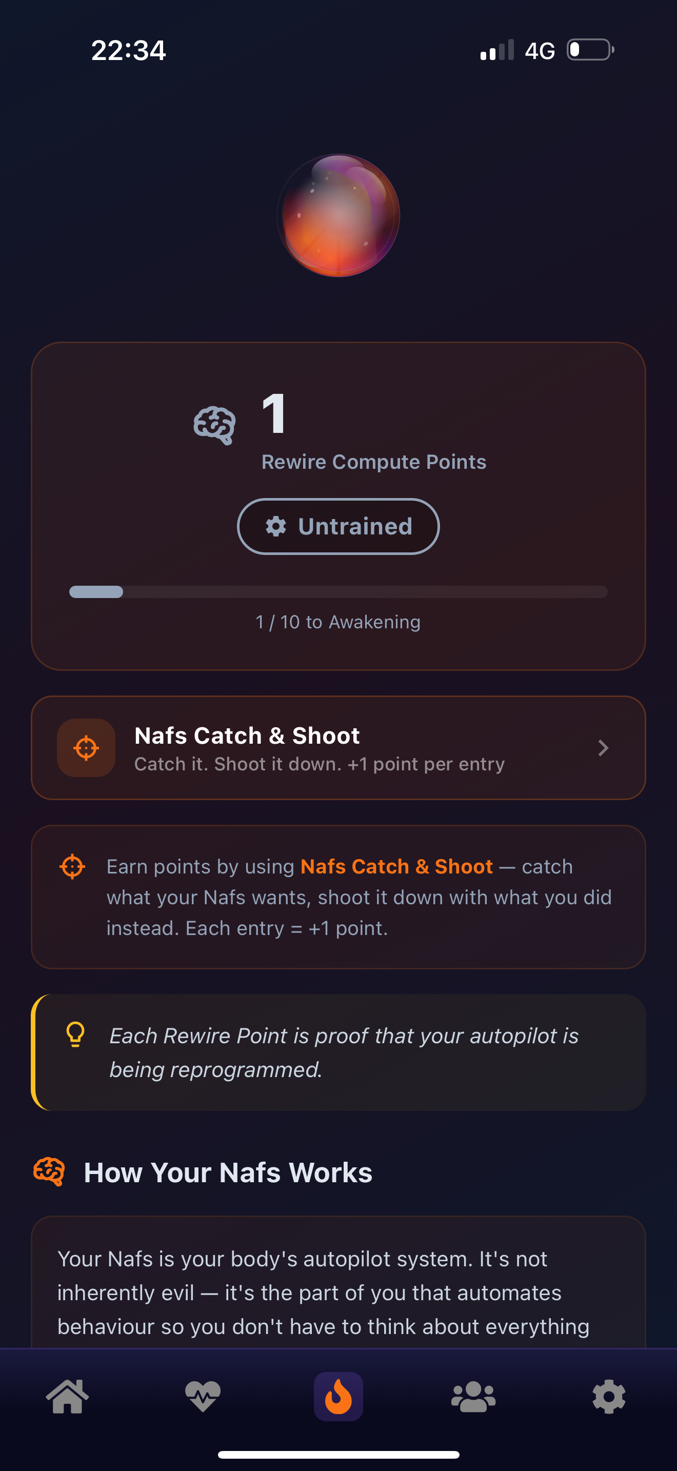 PrayBack Nafs Rewire system showing Rewire Compute Points and Catch & Shoot
