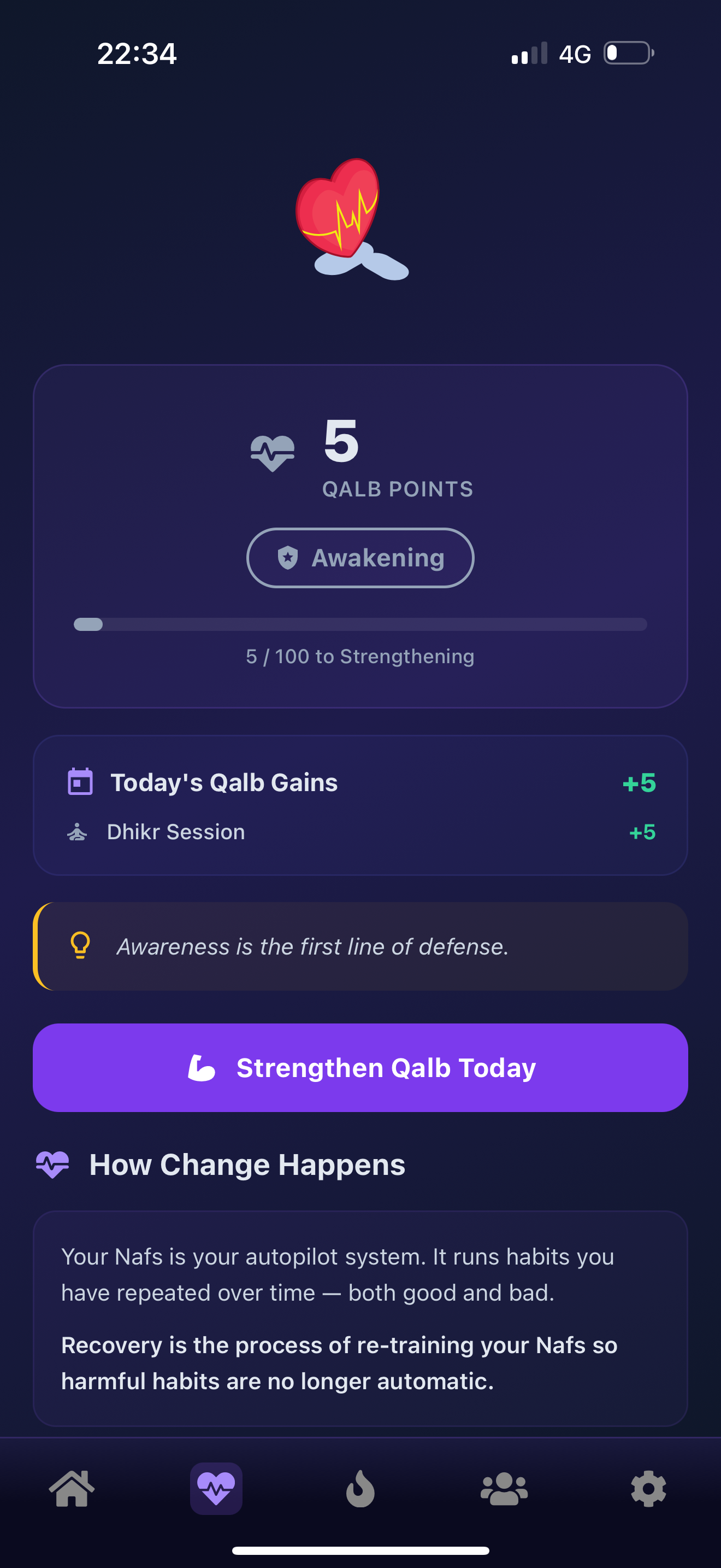 PrayBack Qalb System showing Qalb Points, Awakening level, and daily gains