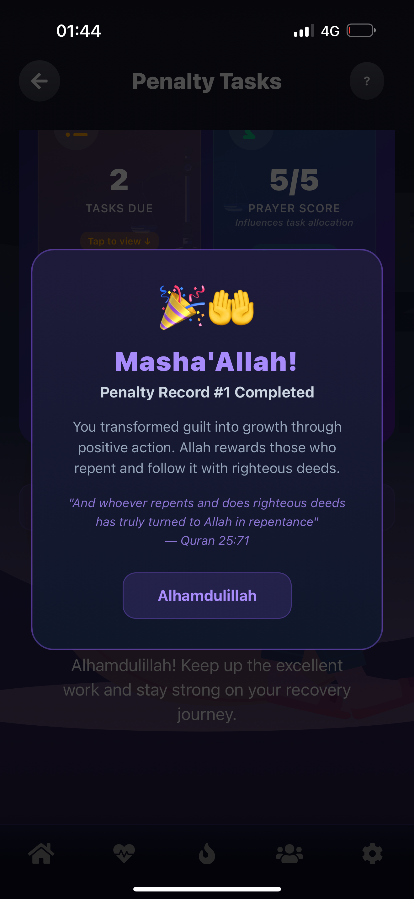 PrayBack Penalty Tasks with Masha'Allah completion celebration and Quranic verse